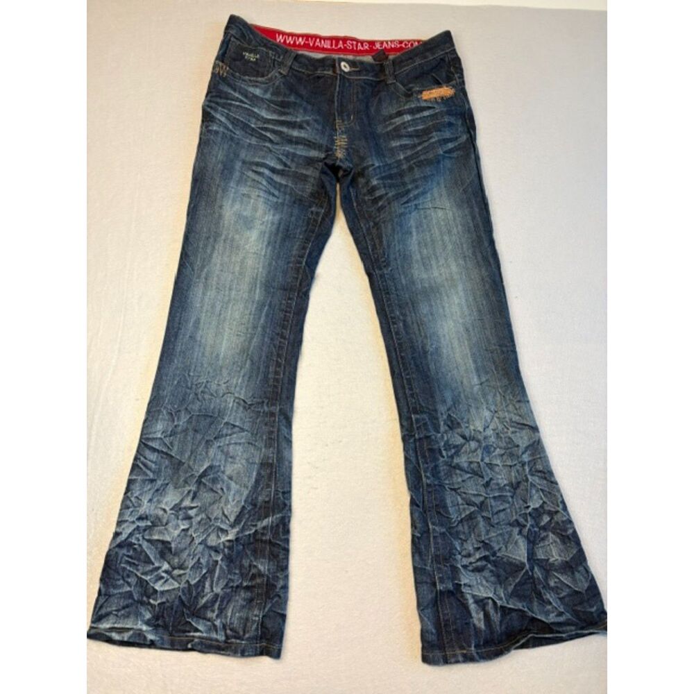 Vanilla Star Womens Jeans Size 15/32 Lo Rise Embroidered Rivets Crinkle Y2K